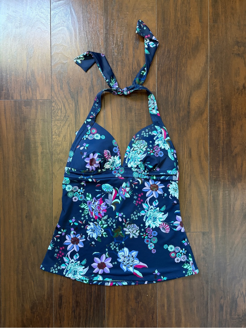Jessica Simpson Navy Floral Halter Tankini Top with Mint Lining